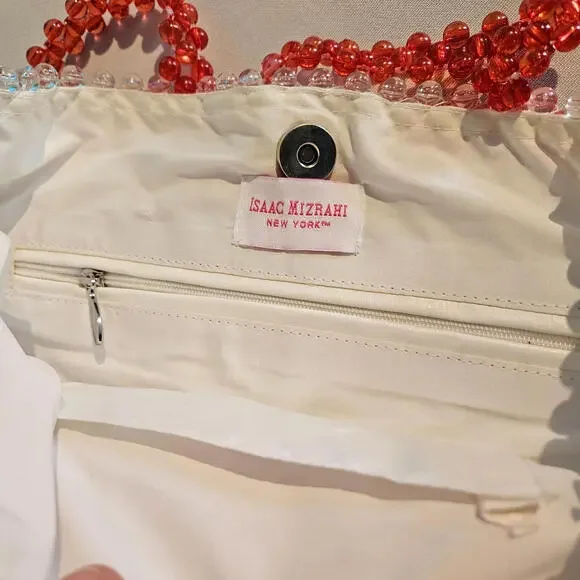 NEW ISAAC MIZRAHI PINK RED HEART GLASS BEAD TOTE PURSE GIRLY COQUETTE PREPPY BAG - Picture 4 of 5